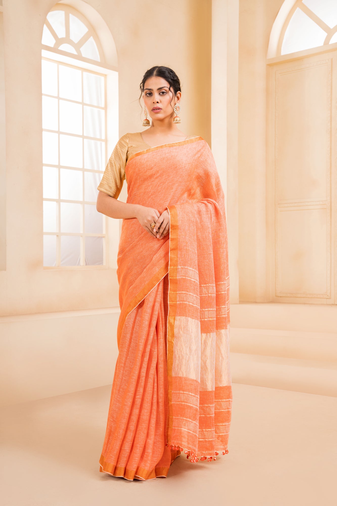 Banarasi Weaved Orange Linen Saree