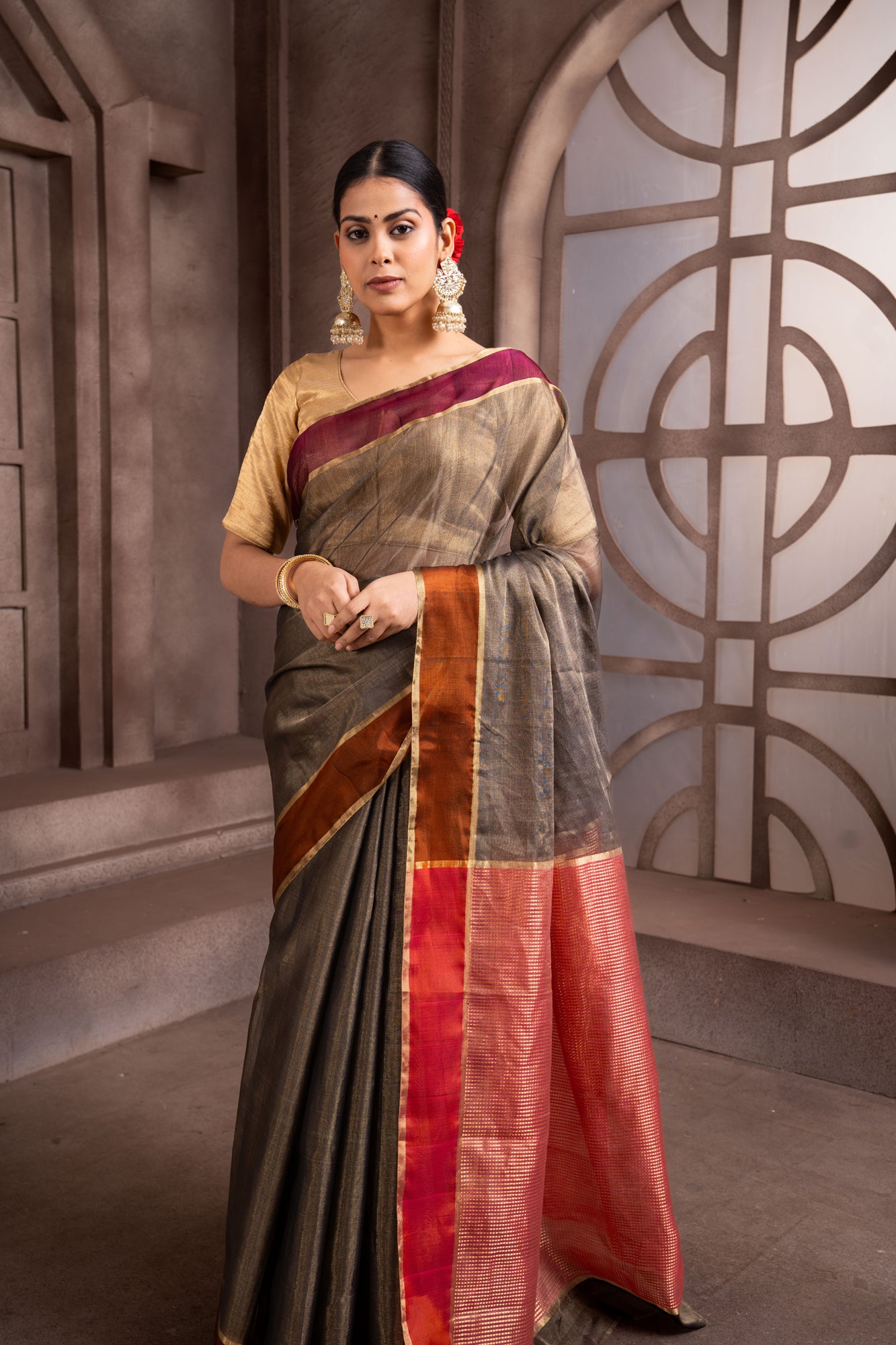 Buy PRIYANKA RAAJIV Bhuvaneshwari Beige Chanderi Tissue Saree with  Unstitched Blouse online