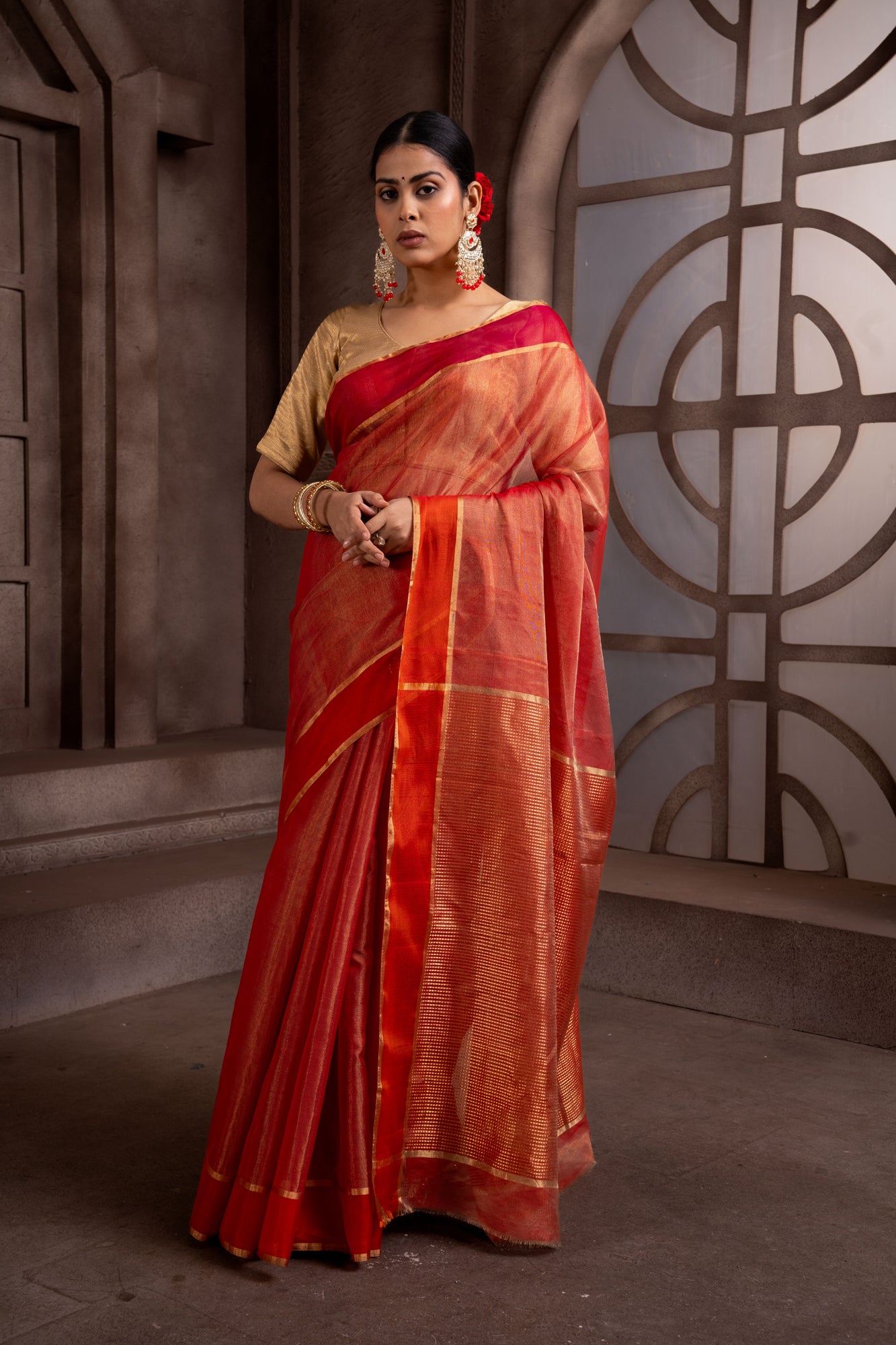 Zarin' Red Pure Katan Silk Tissue Banarasi Handloom Saree - Tilfi