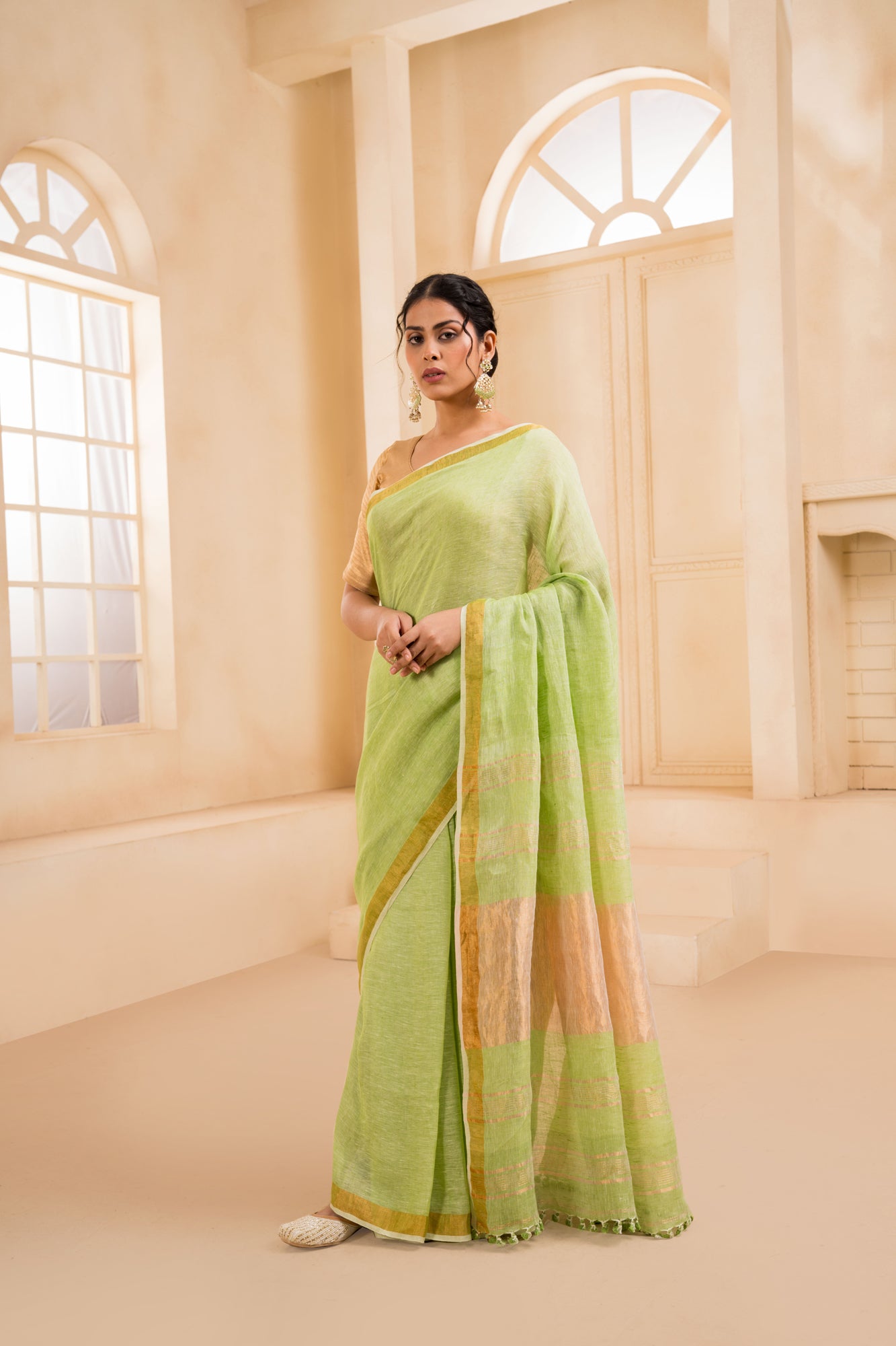 Lime Green Printed Jacquard Saree with Tassels | Madhurima-22007 |  Cilory.com