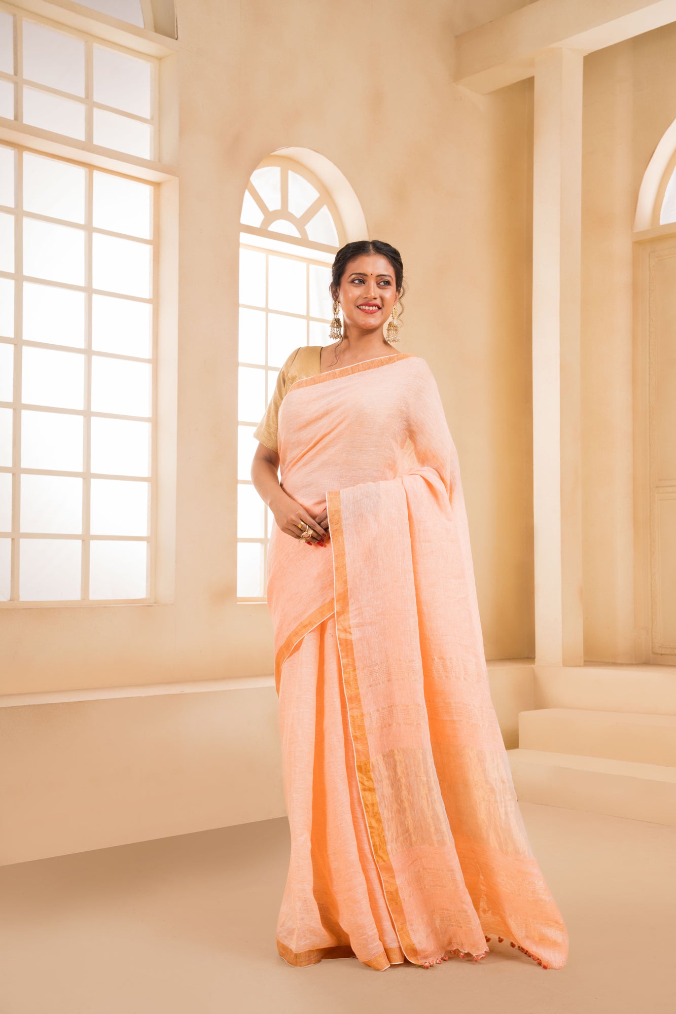 Digital Printed Linen Saree in Orange : SKK37673